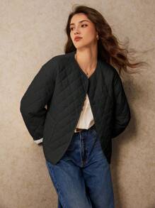 Poéselle Manteau court rembourré à manches longues et col pour femmes, de couleur unie, pour l'hiver