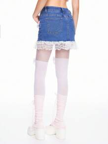 ROMWE Kawaii Women's Himekaji Valentine's Day Lace Trim Bow Decor Tight-Fitting Pencil Denim Skirt - Dark Wash - View 3