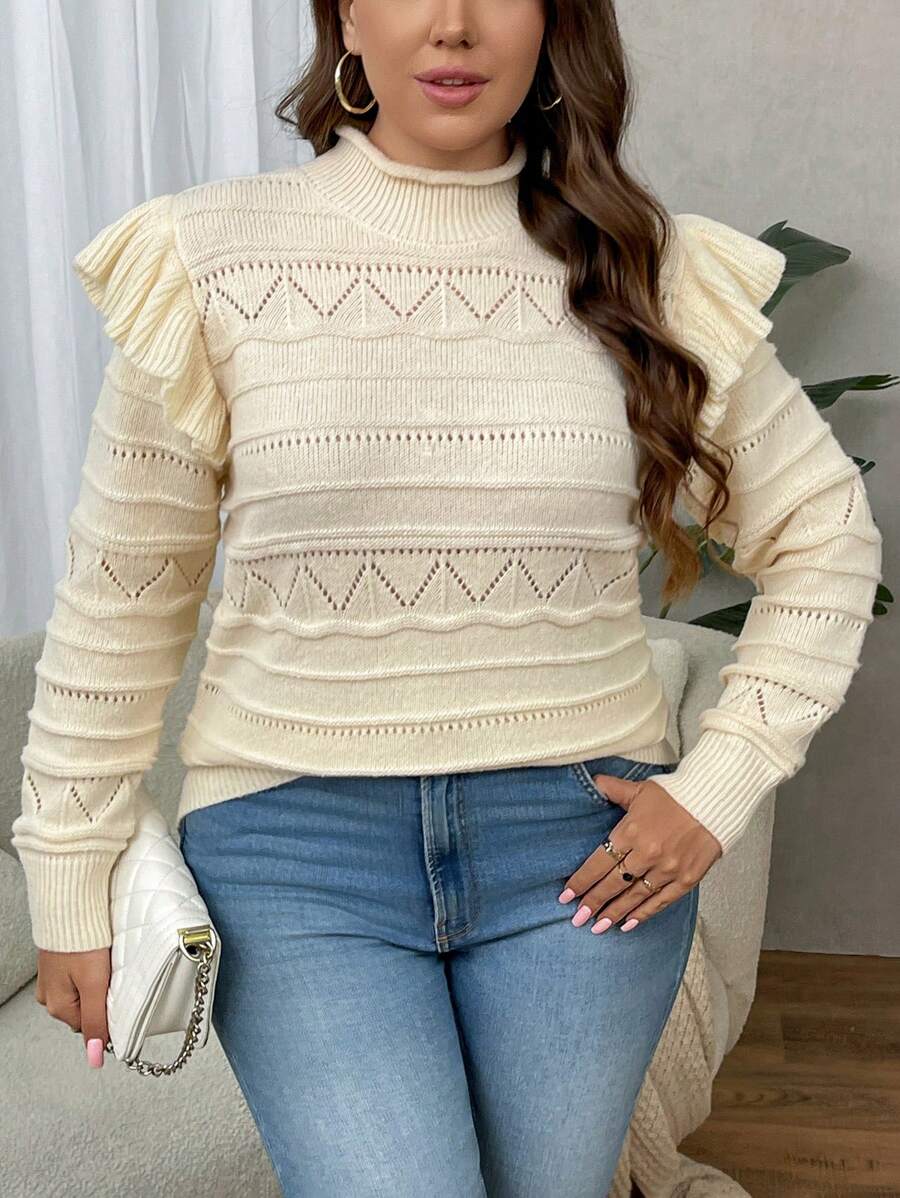 SHEIN Clasi 大码荷叶边领套头毛衣 - 杏色 - 查看 1