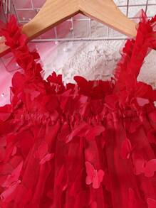 SHEIN Baby Girl Butterfly Appliques Mesh Overlay Cami Dress - Red - View 3