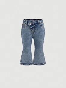 SHEIN Baby Girls Blue Denim Thermal Lined Flared Pants - Medium Wash - View 5