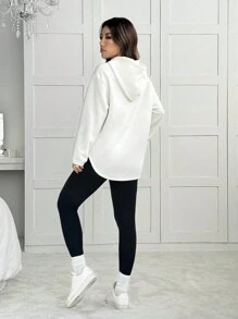SHEIN EZwear Bộ 2 áo nỉ trùm đầu họa tiết chữ mùa thu/đông mới cho nữ và quần cạp chun - Màu be - Xem 2