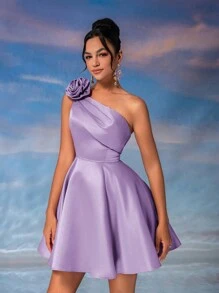 Lovelzi Elegant Fancy Pink 3D Floral One Shoulder Swing Peplum Cocktail Party Mini Dress, Semi Formal Prom Dress, For Birthday, Wedding Guest, Graduation Homecoming