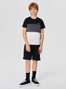 SHEIN Leap Crew Boys Letter Graphic Colourblock Tee and Track Shorts Set - Dark Grey - View 3