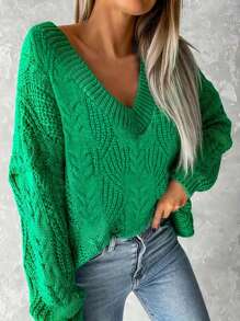 Women Casual V-Neck Solid Color Long Sleeve Simple Knit Sweater For Daily Wear - Green - View 3