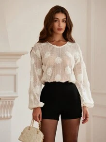 EMERY ROSE Áo cánh hoa họa tiết cổ chữ V dài tay cho nữ, trang phục dự tiệc mùa thu/đông dễ thương, áo sơ mi vui nhộn - trắng - Xem 1