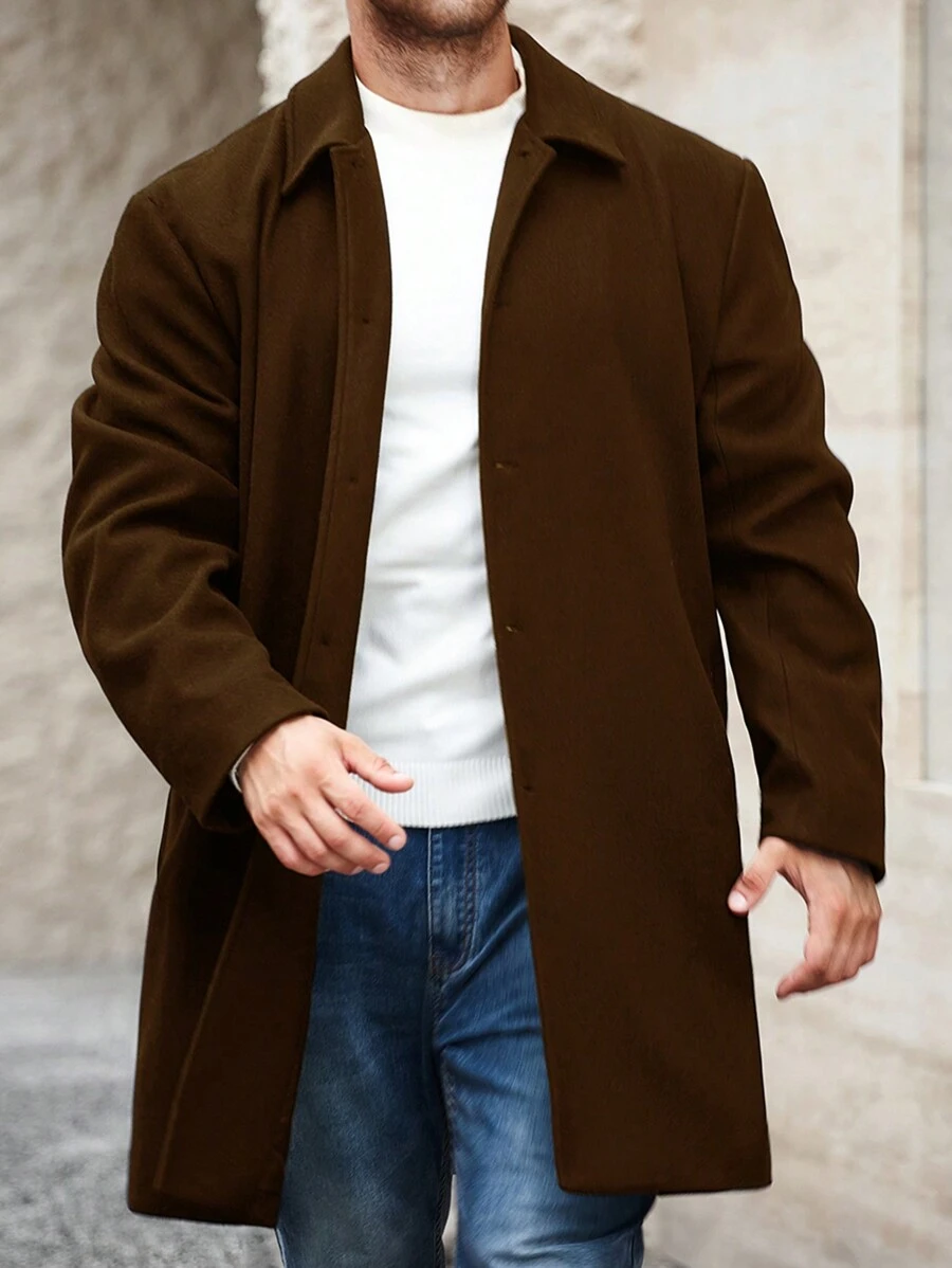 Manfinity Homme 大码男士纯色长袖宽松休闲夹克，秋冬 - 棕色 - 查看 1