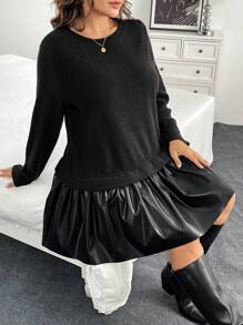 SHEIN Essnce 大码女装秋冬时尚休闲宽松保暖 PU 拼接拉绒黑色长袖连衣裙,秋季女装,冬装,工作服,妈妈装,教师服,优雅连衣裙 - 黑色 - 查看 6