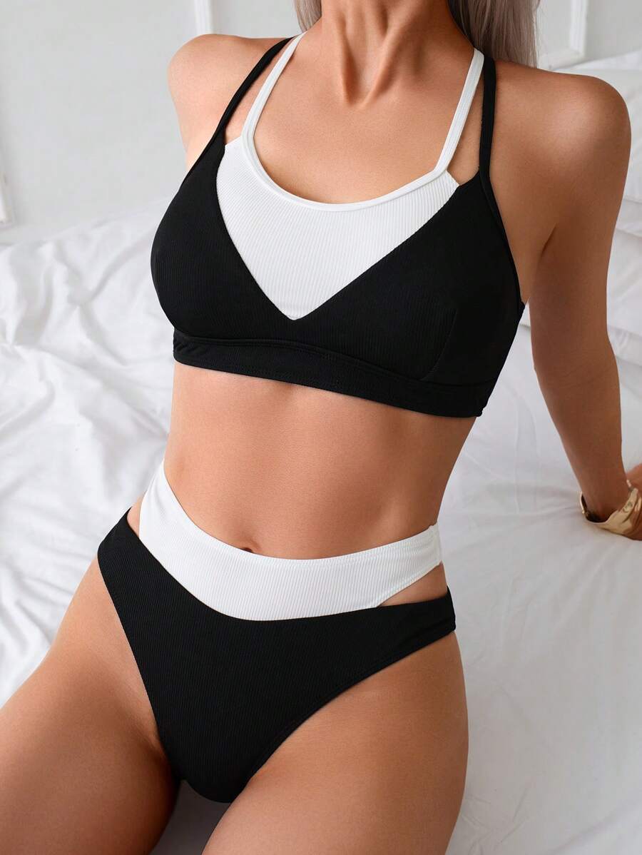 New Design Color Block Sexy Ribbed 2 In 1 Bikini Set Summer - Black and White - View 1