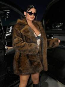 SHEIN SXY Lapel Neck Long Sleeve Open Front Fuzzy Coat For Winter