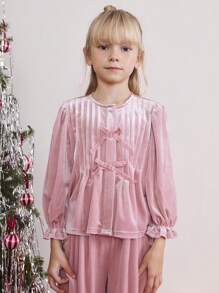 SHEIN بلوزة كشمير مطموم الأكمام مزينة بشريط الساتان للبنات الصغيرات،استخدام في احتفالات عيد الميلاد ورأس السنة، بتصميم مناسب للخريف والشتاء - وردي - مشاهدة 3