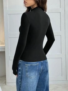 Muchica Áo nữ tay dài màu trơn, kiểu dáng thường ngày, thích hợp mặc hàng ngày. - màu đen - Xem 2