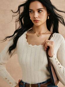 Poéselle Áo len cổ tròn tay dài ren gợn sóng đan len cổ tròn, áo trong dáng ôm, đế móc rỗng, màu be, dễ mặc và sang trọng, thích hợp cho ngày lễ, trang phục lễ hội, trang phục hàng ngày chất lượng cao - Màu be - Xem 2