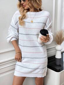 SHEIN LUNE Casual Striped Knit Dress, Airport Style, Long Sleeve Straight Dress For Women, Autumn Winter - White - View 1