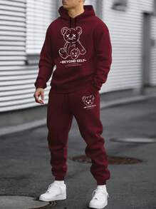 EURMUSE Men Letter And Bear Printed Regular Hoodie & Pants Set - Burgundy - View 1