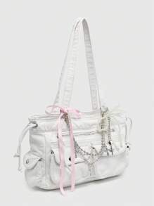 ROMWE Kawaii 复古做旧渐变色和心形印花蝴蝶结细节单肩手提包，宽敞的粉色单肩手提包，配有多个口袋 - 白色 - 查看 2