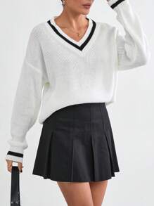 SHEIN Cottnline 女士休闲宽松 V 领条纹长袖套头毛衣 秋季秋装 秋季女装 - 黑與白 - 查看 5