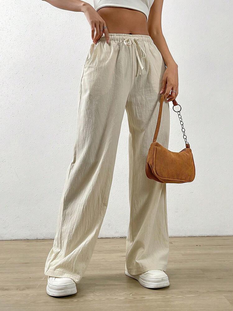 SHEIN EZwear Apricot Loose Straight Drawstring Waist Slant Pocket Pants Baggy - Apricot - View 7