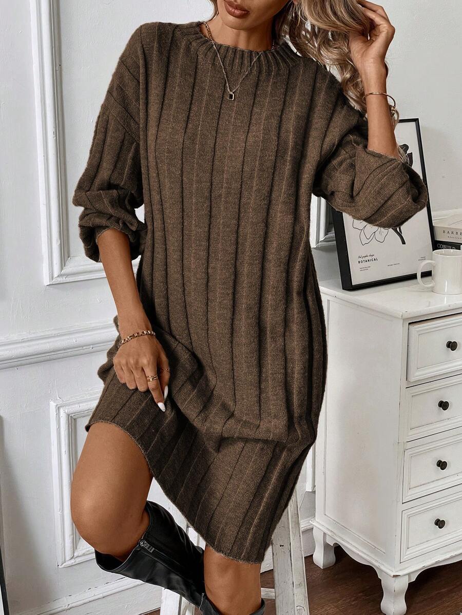 Chiquease Vestido de punto holgado de manga farol con cuello redondo de costilla en midi - Marrón - Ver 1
