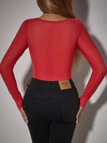 Zolique 性感优雅红色蕾丝拼接透视网纱面料带钢圈立体条纹波浪边长袖圣诞女装新年节日派对衣服 - 紅色 - 查看 2