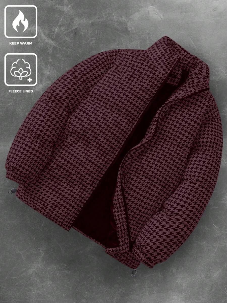 Manfinity Hypemode Men's Houndstooth Collar Padded Coat,Fall Men Clothes,Men Winter Coat, Plus Fleece Warm Winter Coat,Plaid Winter Coat - Burgundy - View 1