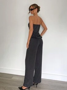 SHEIN Essnce Bộ vest sọc không quai cho nữ, Trang phục giáo viên, Trang phục công sở, Bộ vest nữ, Trang phục hai mảnh, Trang phục công sở thường ngày cho phụ nữ, Bộ đồ hai mảnh mùa thu, Cổ điển, Váy mùa thu cho nữ, Váy trang trọng cho nữ - Màu xám đen - Xem 2