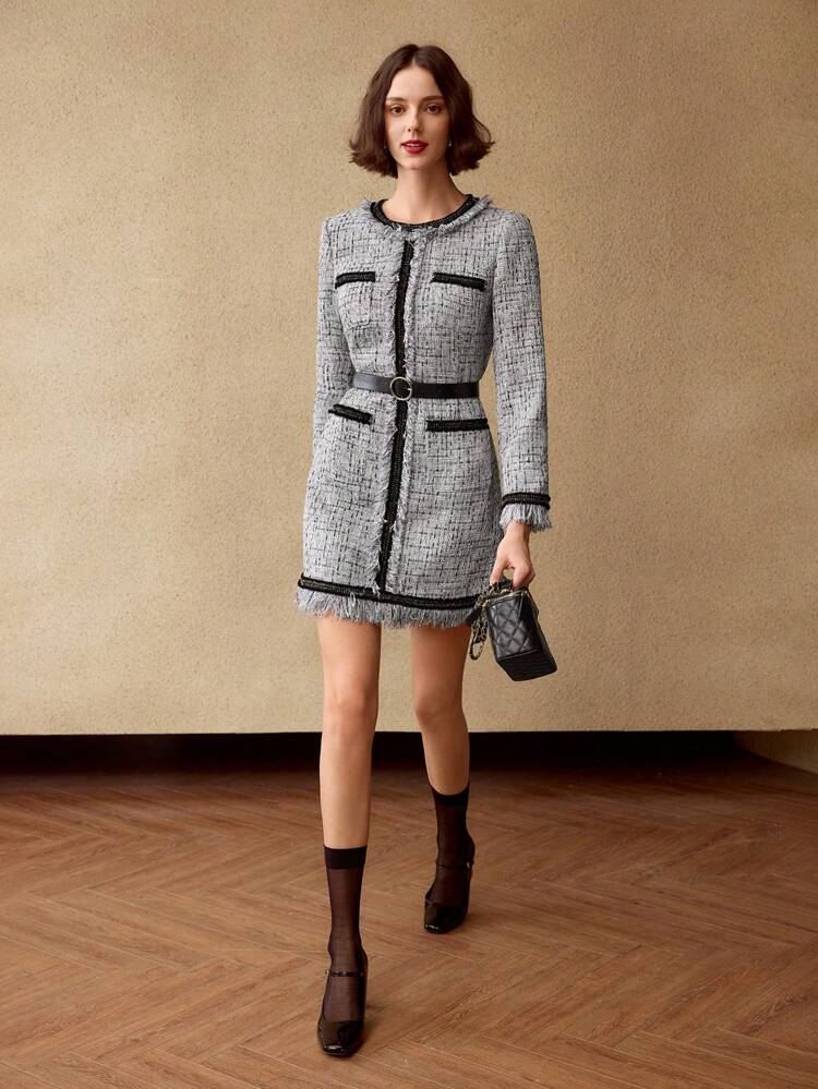 TWEED CONTRAST TAPE TRIM RAW EDGE BUCKLE BELTED SHORT DRESS