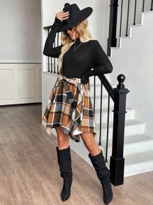 SHEIN LUNE Women Casual Colorblock Plaid Patchwork Long Sleeve Mini Dress, Basic Autumn/Winter Outfit - Multicolor - View 3