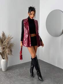 SHEIN SXY Chaleco de mujer de estilo vintage en PU rojo oscuro, para otoño/invierno