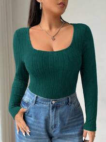 SHEIN EZwear Camiseta de manga larga con cuello cuadrado de punto elástico para mujer talla grande, cómoda para usar de forma casual, en el hogar, yoga y al aire libre