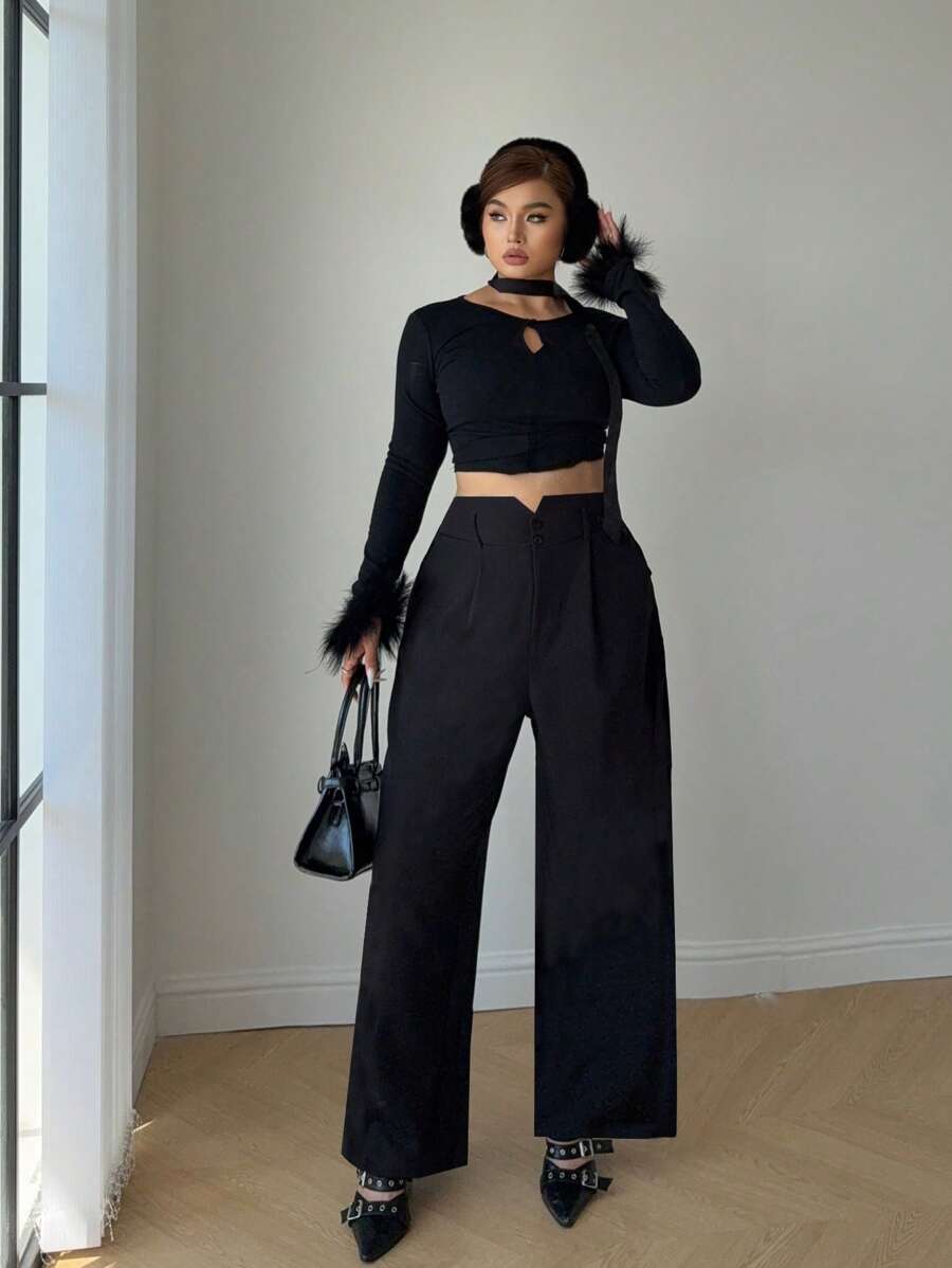 Calvaya Pantalones de vestir casuales y versátiles de tiro alto y fluidos, unicolor, para talla grande, para volver al colegio