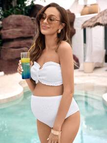 SHEIN Pregnant Women Summer Vacation Beach Halter Bikini Set - White - View 5