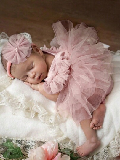 Set de 2 piezas para fotografía de recién nacidos - Pelele acanalado de unicolor y diadema