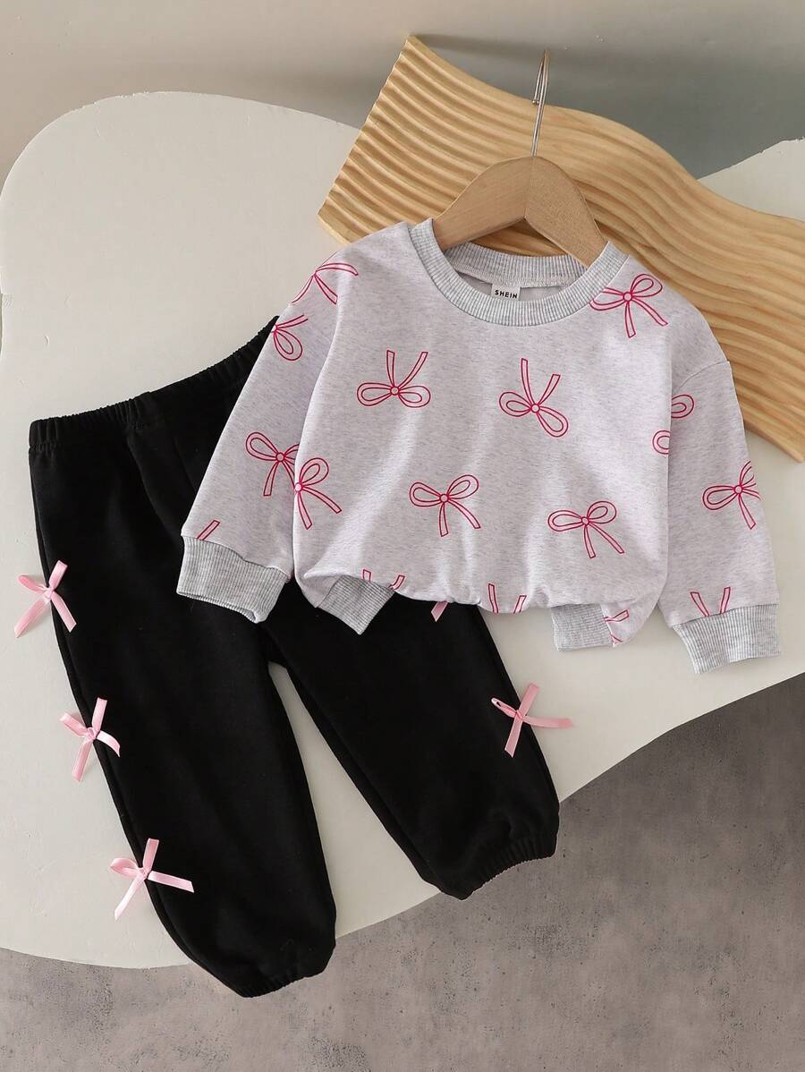 SHEIN 2 件套女婴长袖粉色蝴蝶连帽衫和白色运动裤套装，秋季 - 灰色 - 查看 1
