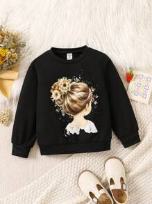 SHEIN Girls Spring Autumn Cute Sweet Literary Style Girl Princess Floral Print Long Sleeve Crew Neck Sweatshirt, Suitable For Casual Daily Outfit And Back To School - Black - View 1