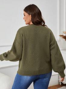 SHEIN VCAY Plus Size Plain Front Button Long Sleeve Casual Cardigan, Winter - Army Green - View 2