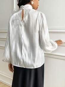 Modelyn Women Elegant Solid Color Keyhole Collar 3D Floral Decor Long Sleeve Blouse, Autumn - White - View 2