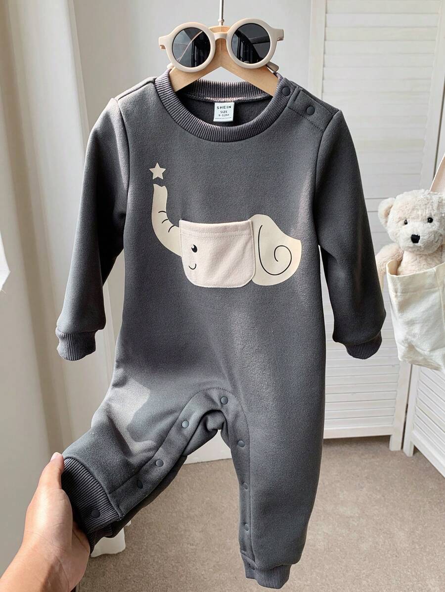 SHEIN Leap Crew Bộ đồ liền thân dài tay dệt kim mềm mại cổ tròn in hình voi dễ thương cho bé trai/bé gái màu xám dày, thích hợp mặc ở nhà, đi chơi, đa năng và thời trang cho mùa thu/đông - Xám - Xem 1
