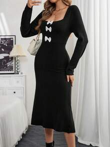 SHEIN Unity Women Bow Decorated Simple Casual Knit Sweater Dress, Long Sleeve - Black - View 6