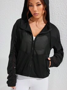 SHEIN Sport Studio Women's Solid Color Long Sleeve Mesh Hooded Sports Jacket Autumn
