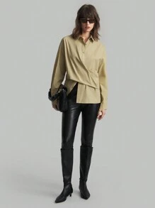 Ontre Women's Cotton Khaki Button-Up Loose Wrap Casual Shirt, Simple Design, Long Sleeve, Autumn