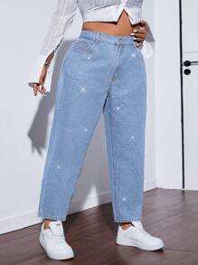 SHEIN EZwear Plus Size Women Pockets Sequin Rhinestone Cone-Shaped Casual Versatile Jeans