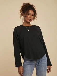Travachic Loose Solid Color Knit Black Long Raglan Sleeve Crew Neck T-Shirt Top , Casual Vacation - Black - View 4