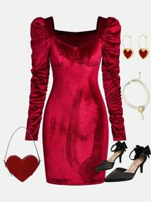 Christmas Elegant Luxurious Party Square Neck Lantern Sleeve Red Velvet Mini Dress, Suitable For Teenage Girls Christmas Party - Burgundy - View 1