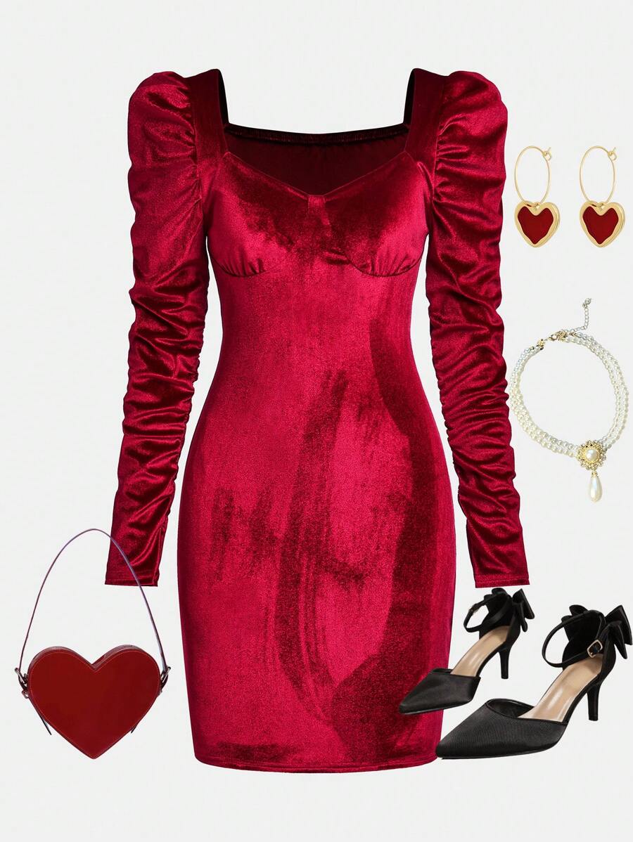 Christmas Elegant Luxurious Party Square Neck Lantern Sleeve Red Velvet Mini Dress, Suitable For Teenage Girls Christmas Party - Burgundy - View 1