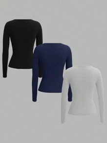 SHEIN EZwear 3pcs Plain V-Neck Long Sleeve Form-Fitting Plus Size Women T-Shirts, Casual Versatile All-Match Tops In Black, Blue, Grey For Spring/Autumn And Winter - Multicolor - View 2