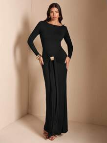 SHEIN BAE Robe midi moulante à col rond, manches longues, plissée et à ourlet ras-du-sol, marron unicolore. Convient pour les cocktails, les rendez-vous romantiques, les sous-vêtements d'automne/hiver, les fêtes, les événements formels, les demoiselles d'honneur, les sorties de nuit, Halloween, Noël - Noir - Voir 5