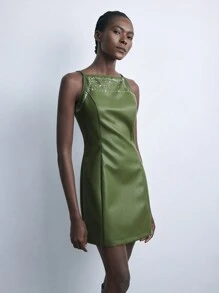 Maija Nuevo vestido mini urbano y elegante para mujer de otoño/invierno, con tirantes de PU, decoración de strass, de color verde musgo, para uso casual diario