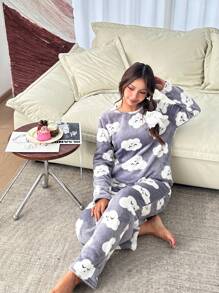 SHEIN 2pcs/Set Teen Girl Cloud Pattern Crew Neck Long Sleeve Pullover Top And Pants, Soft & Comfy Flannel Pajamas, For Fall/Winter
