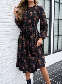 SHEIN Clasi Women All-Over Print Crew Neck Long Sleeve Casual Dress, Suitable For Autumn/Winter , Fall